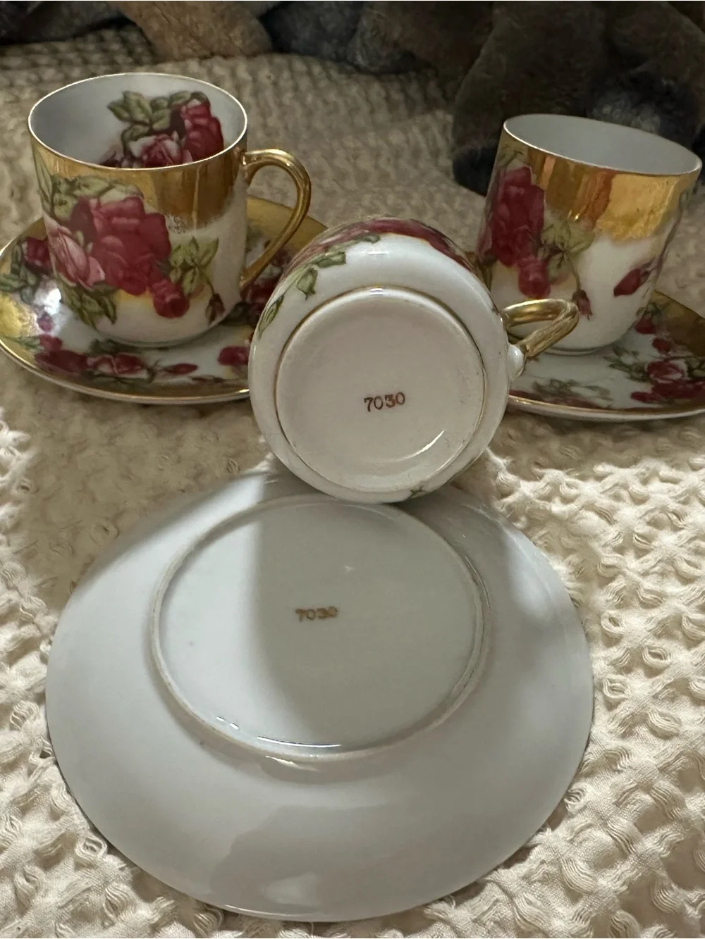 Vintage Rose-Pattern Porcelain Espresso Cups & Saucers with Gold Trim